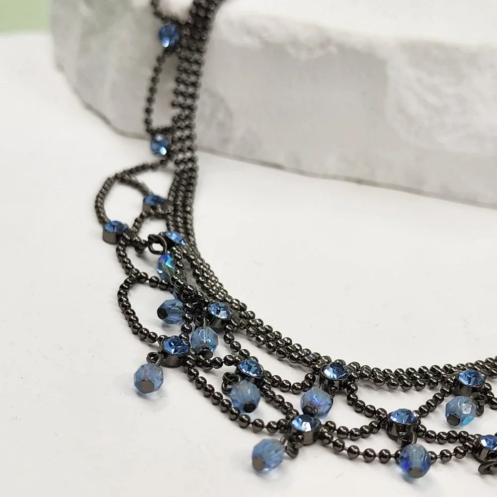 Kiam Family Blue Rhinestone Gunmetal Multi Strand Draped Statement Bib Necklace